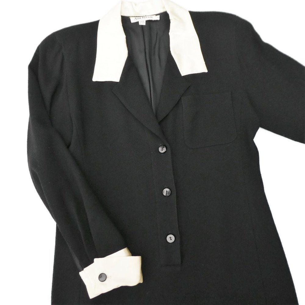 Vintage 90s Anne Klein II 90s WooL Shift Dress Henley Satin Collar French Cuff 6